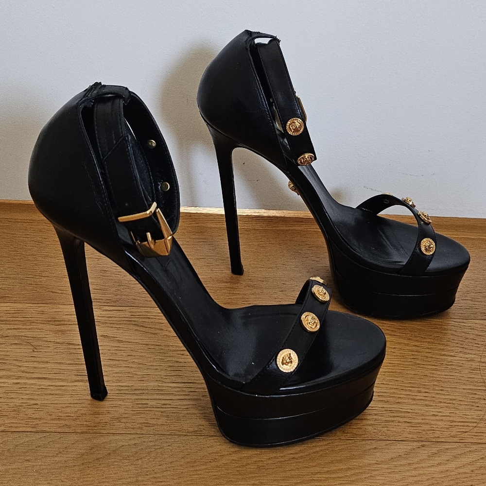 Versace Icon Black Platform Stiletto Ankle Strap Heels Gold Medallion Studs - Picture 8 of 15